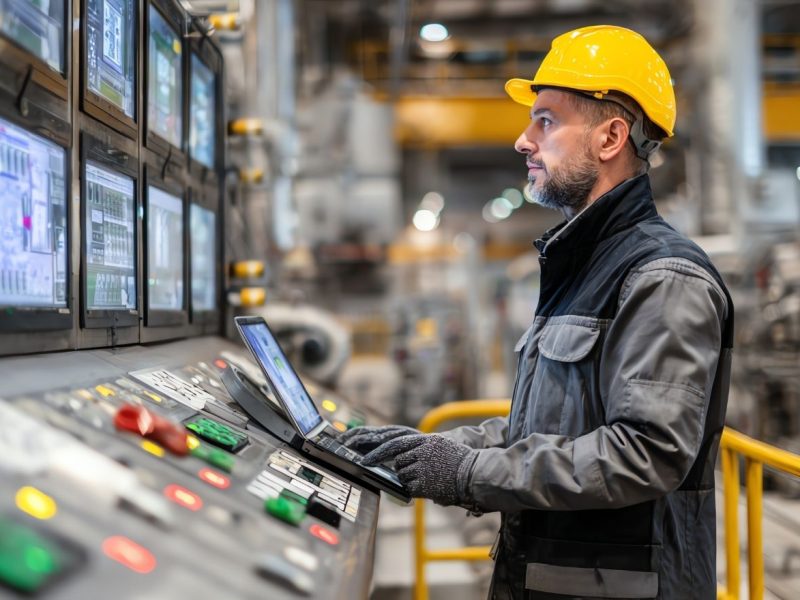 Industrial worker reviewing predictive maintenance sensor data on a plant tablet via IO-Link protocol.